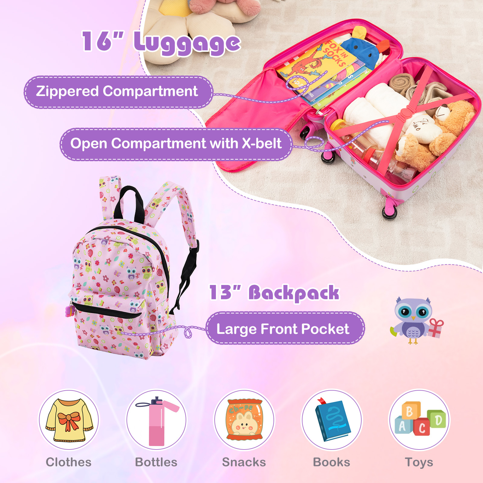 Infans 5 PCS Kids Luggage Set w/ Backpack Neck Pillow Luggage Tag Lunch Bag Wheels