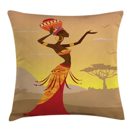Afro Decor Throw Pillow Cushion Cover, African Woman in Desert with Gulls Flying Around Folk Female Stylish Artful Print, Decorative Square Accent Pillow Case, 18 X 18 Inches, Amber Tan, by