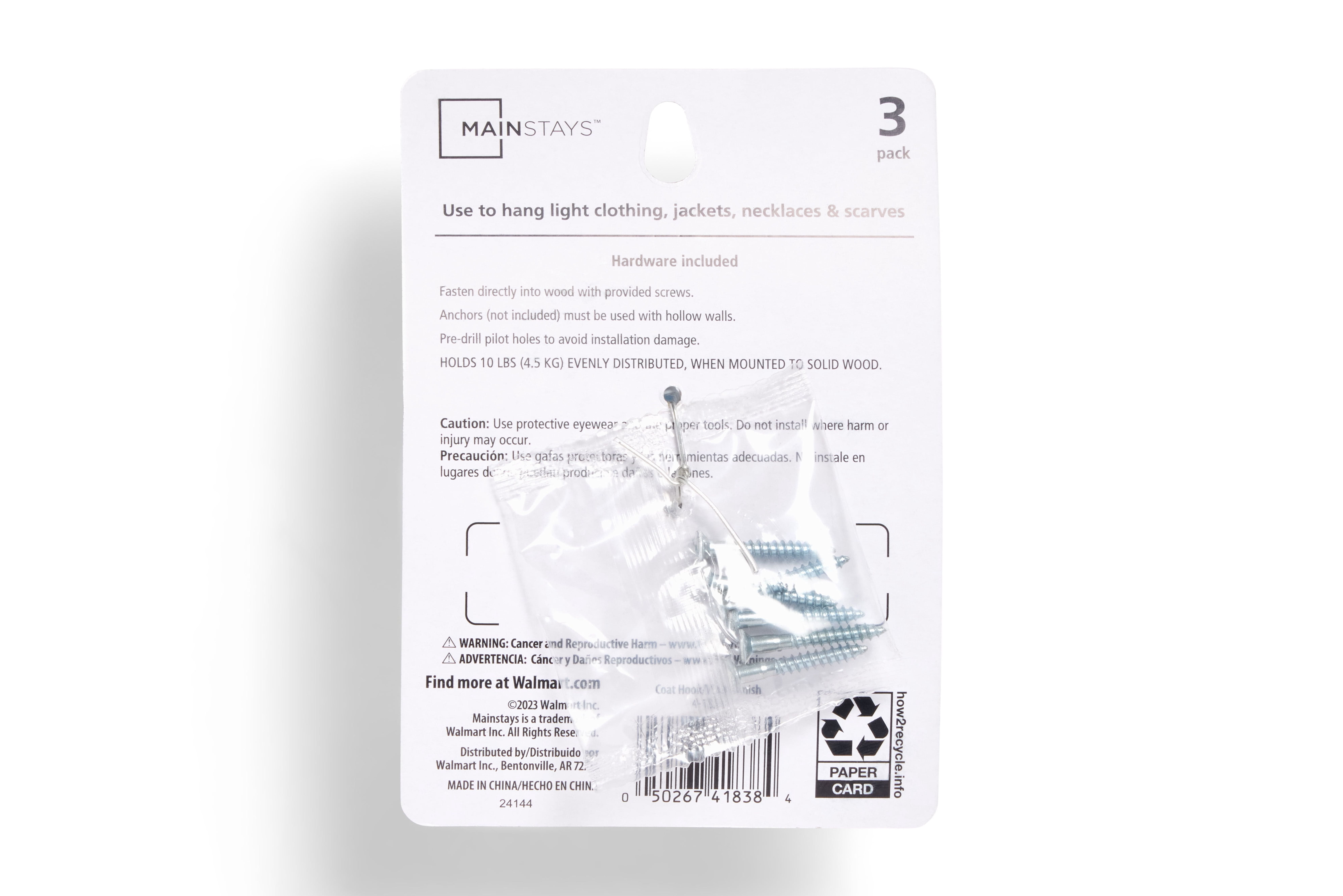 Mainstays, Double Hook White Metal Hooks, Clutter-Free Hooks for Hanging Towels and Coats, 10 lbs Capacity, 3 Pack