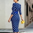 thumbnail image 4 of Women's Vintage Polka Dot Midi Dress, Crew Neck 3/4 Sleeve Self Tie Waist Slim Bodycon Knee-Length Pencil Dress Blue XL(XL), 4 of 6