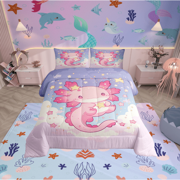 Erosebridal 3D Axolotl Bedding Twin Comforter Set, Watercolor Artwork Down Comforter, Cute Animal Reversible Comforters & Duvets, Lightweight Room Decorative, 2pcs