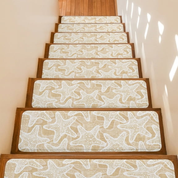 Beige Starfish Stair Treads Non Slip for Steps Coastal Summer Ocean Beach Nautical Modern 10 Pcs Reusable Adhesive Stair Runner Mats for Dogs Elders Carpet Treads Rugs for Staircase 8x30 In