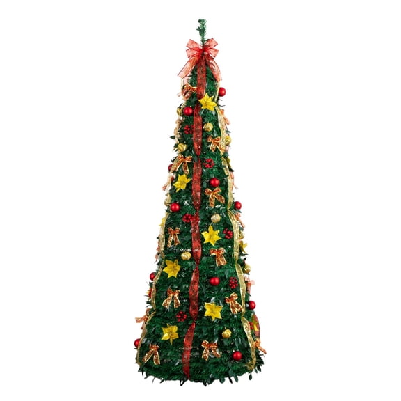 Nearly Natural 7ft. Pre-Lit Artificial Pop up Christmas Tree with Red & Gold Ornaments, Ribbons and 180 Warm White LED Lights
