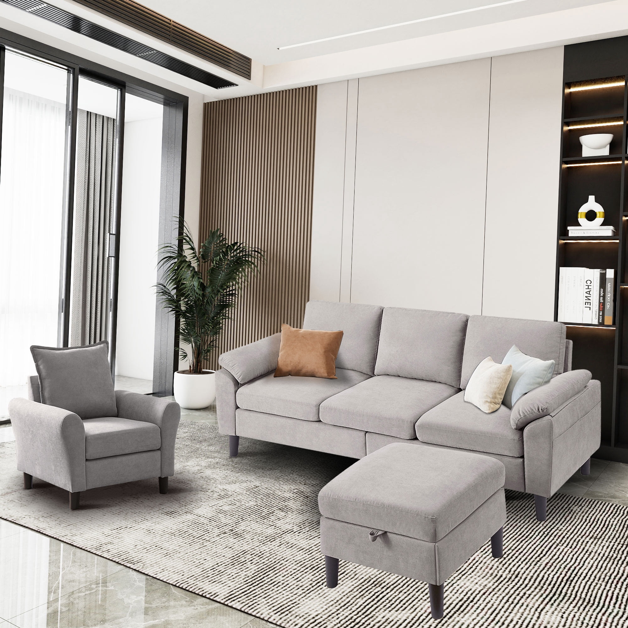 79" Convertible Sectional Sofa Set, Modern Linen Small L Shaped Couch with Reversible Chaise and Loveseat Sofa, 3-Seat Sofa Couches for Living Room, Office, Apartment, Lightgrey