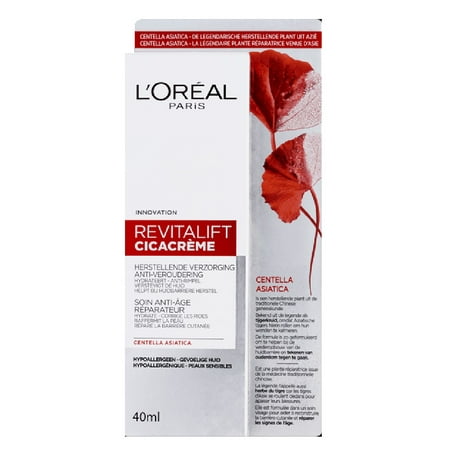 L'Oreal Revitalift Cicacreme Anti Aging Face Moisturizer Hypoallergenic Centella Asiatica for Ages 30-50 for Anti-Wrinkle and Skin Barrier Repair, Fragrance Free, Paraben Free, 40ml (1.34