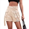 thumbnail image 2 of Pantalones Cortos de Sarga de Tiro Medio y Alto para Mujer, Elásticos, con Bolsillos, para Discotecas Caqui Superficial L, 2 of 10