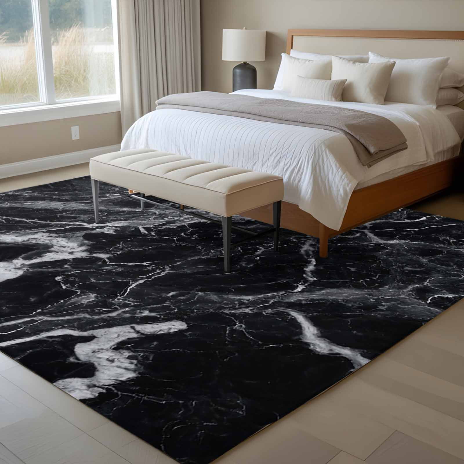 Abstract Art Washable Living Room Rugs 8'x10', Dark Black Marble Texture Modern Simple Low Pile Throw Large Area Rug Non-Slip Sturdy Edge Binding Carpet for Bedroom Dining Room Office
