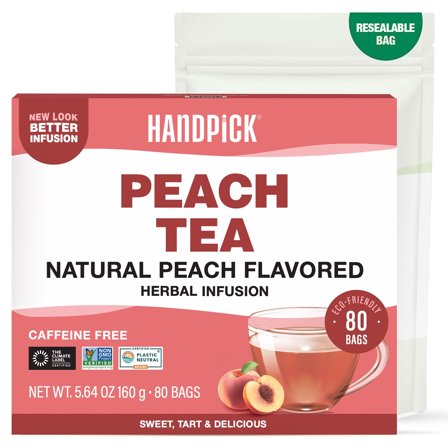 HANDPICK, Peach Tea Bags (80 Count) Non-GMO, Caffeine-Free - Peach, Hibiscus, Cinnamon, Cloves, Ginger | Floral & Refreshing Herbal Tea Bags, Brew Iced Tea or Hot Tea