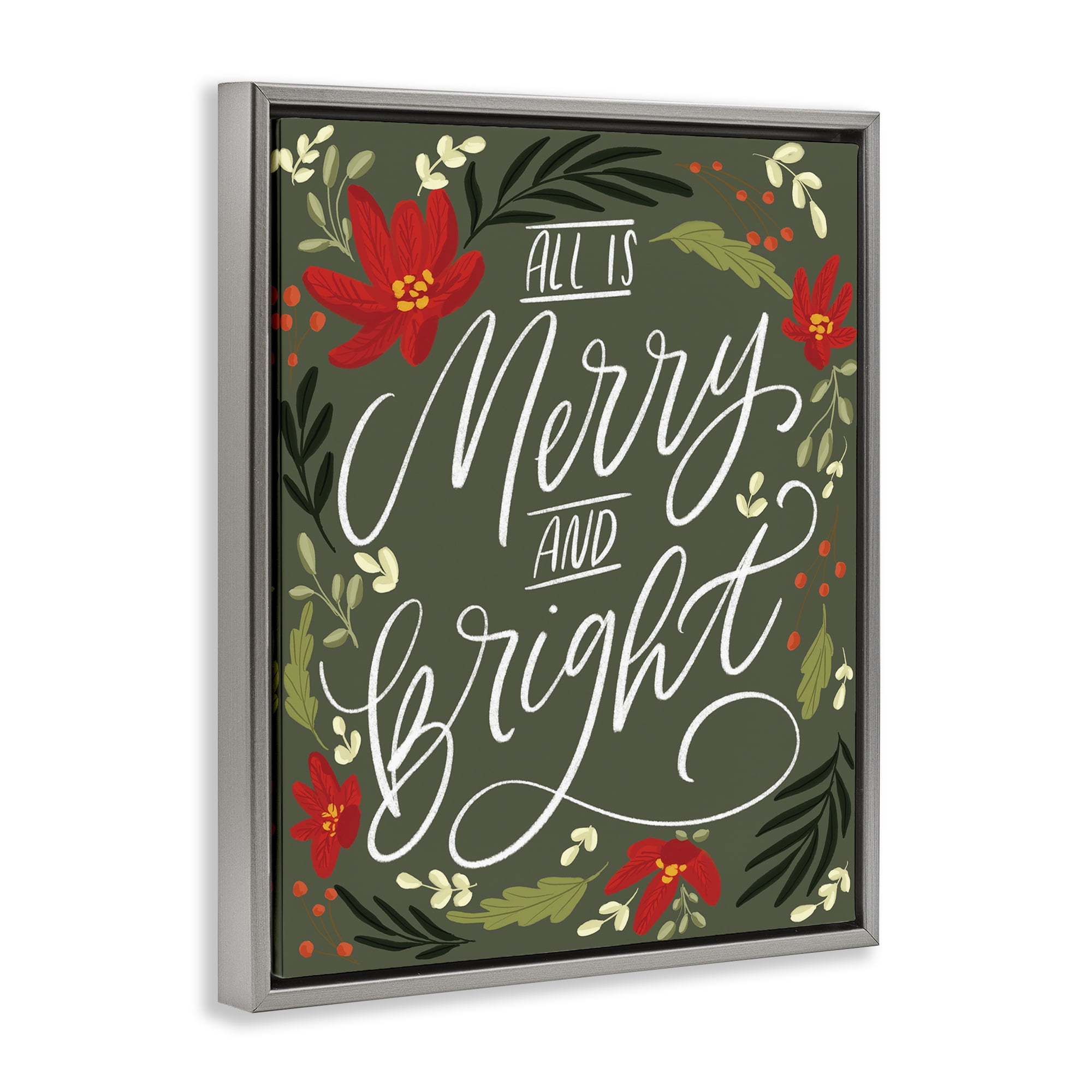 Stupell Industries Floral Merry and Bright Holiday Painting Gray Floater Framed Canvas Art Prints Wall Art, 17 x 21