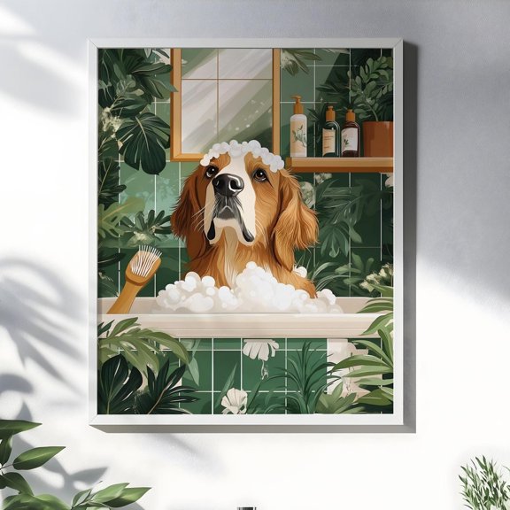 Golden Retriever In Bathtub Art Print, Maximalist Funny Animal In Bath Wall Art, Tropical Safari Bathroom New House Dog Lover Gifts Wall Art, Modern Wall Decor, 24x36 UNFRAMED