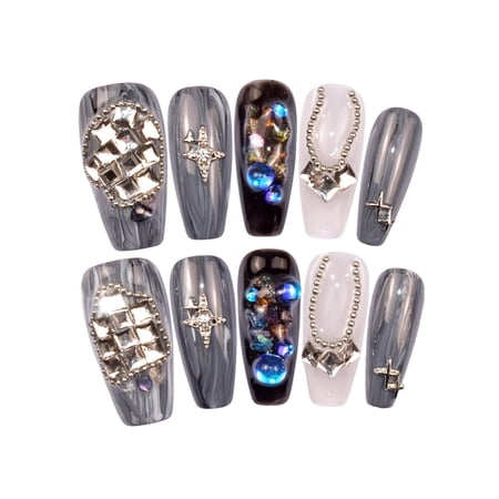 LIFOOST Long Coffin Press on Nails Handmade False Nails with Full Diamond Designs  Grey Y2k Luxury Reusable Fake Nails Stick on Nail  Size Small ALT1 (80200017)