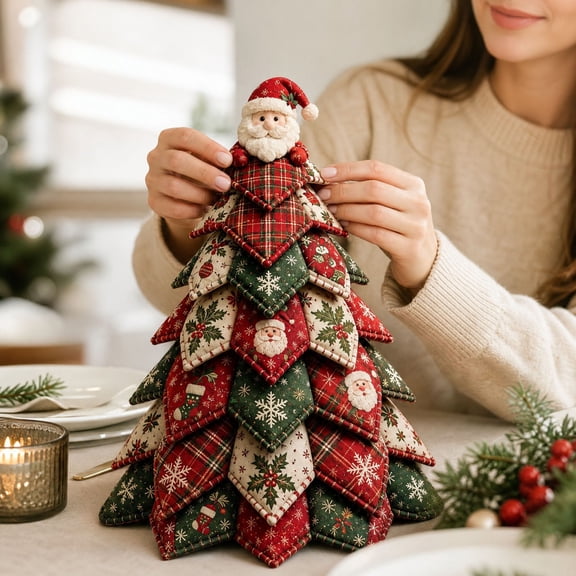 DIY Fabric Christmas Tree Kit Style D, Pasting Set Handmade Festival Table Tree Decor Festival Christmas Tree Decor, for Creative Hobby, Handmade Projects, Tabletop Display and Home Decor