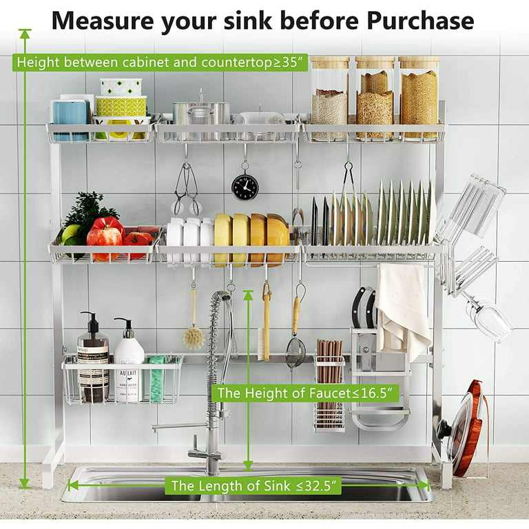 Over The Sink Dish Drying Rack, Lampao 3-Tier Stainless Steel Drain Rack  for Kitchen Sink Racks Shelf Storage Rack 