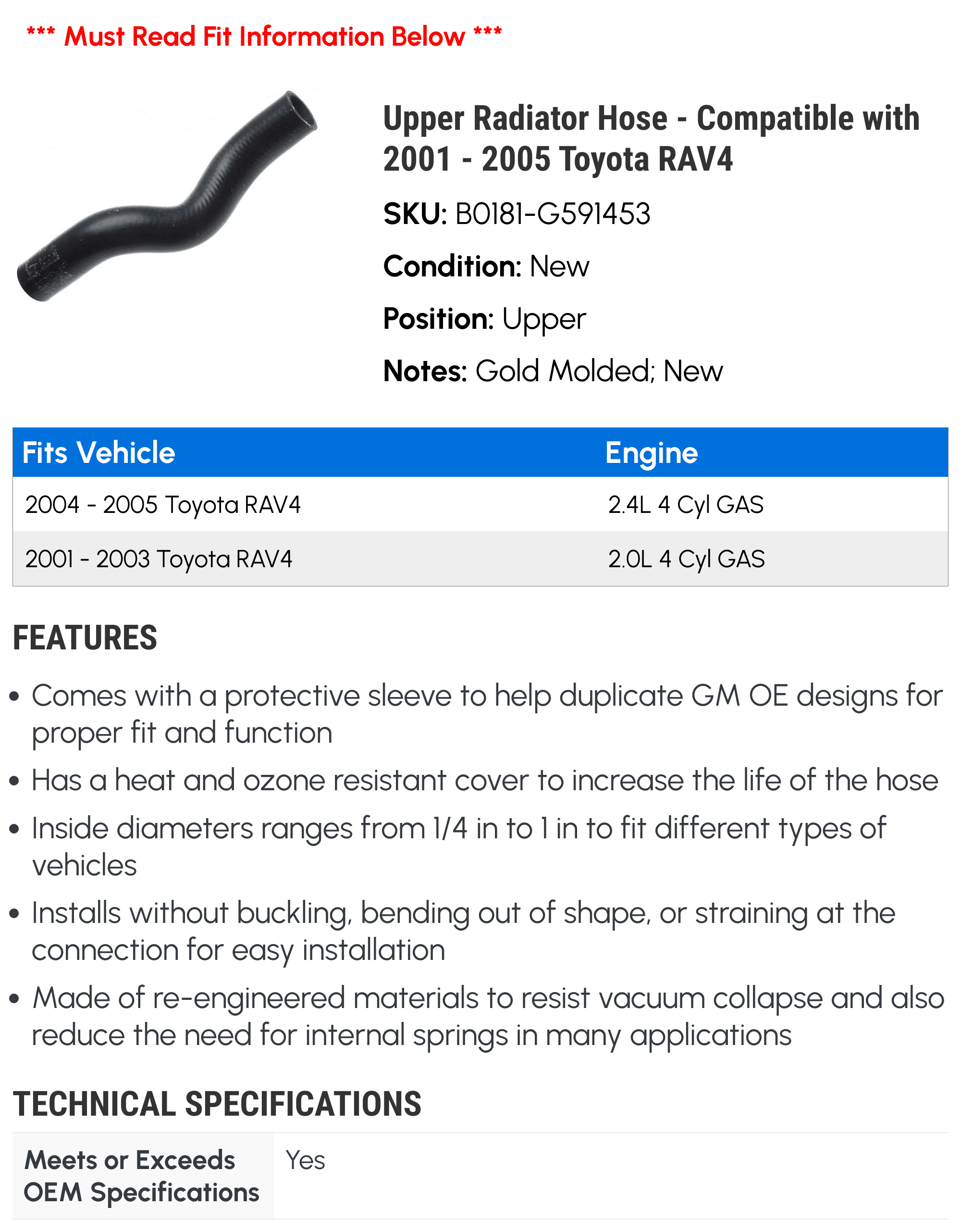 Upper Radiator Hose - Compatible with 2001 - 2005 Toyota RAV4 2002 2003 2004