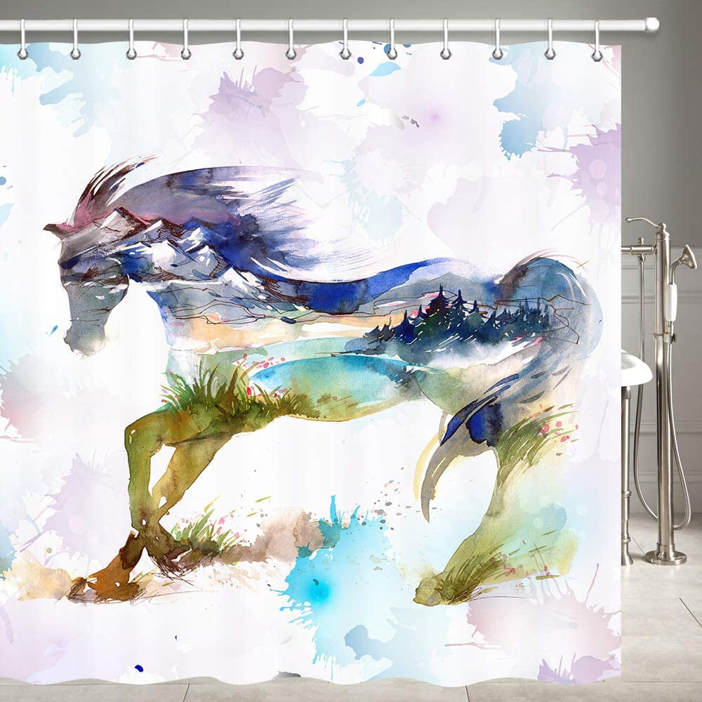 SPXUBZ Horse Shower Curtain, Western Country Unique Watercolor Ink Painting  Animals Horse Shower Curtain Decor 12 Hooks 72X72 inch 