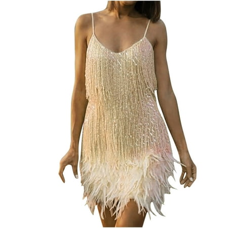 

jsaierl Fringe Dress for Women Off the Shoulder Sleeveless Midi Dresses Sexy Strap Sequin Feather Prom Dress Evening Party Club Date Night Dress
