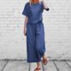 thumbnail image 4 of Pantalones Top básico de lino Pantalones recortados Cuello redondo Color sólido Manga corta Traje de vacaciones Ygjytge Azul T M para Mujer, 4 of 7