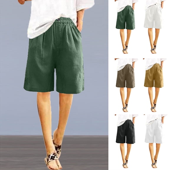 Snorda Women's Bermuda Shorts Summer Half Shorts Pants Linen Snap-front Elastic Waist Solid Color Beach Pants with Pockets and Vacation Wear