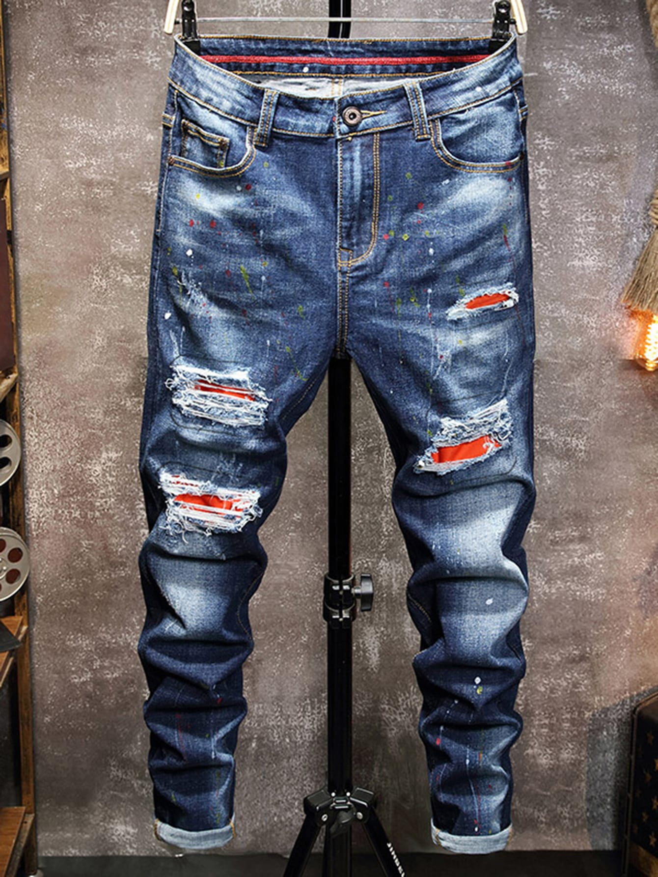 Medium Wash Men Ripped Skinny Jeans 38 S035E - Walmart.com