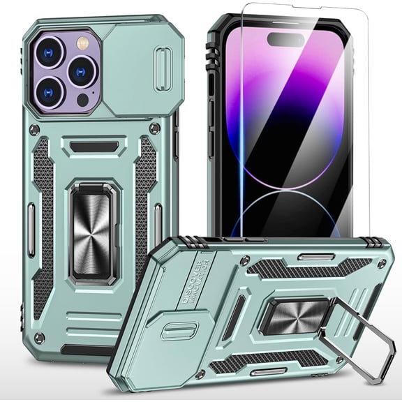 Compatible with iPhone 14 Pro Max Case with HD Screen Protector & Slide Camera Cover & Rotated Ring Kickstand, [Military-Grade] Phone Case for iPhone 14 Pro Max (Z_Green)