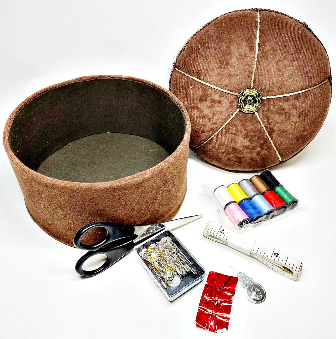 Allary Sewing Accessory Box with Pincushion Top, Brown