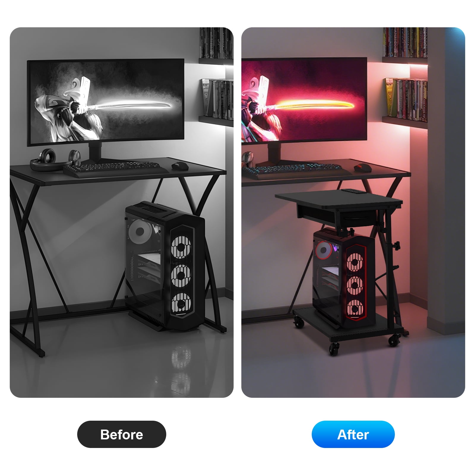 PC Tower Stand，2-Tier Computer Tower Stand，Computer Tower Floor Stand with Power Outlet & Lockable Wheels，PC Holder for Office/Home/Studio/Game Room