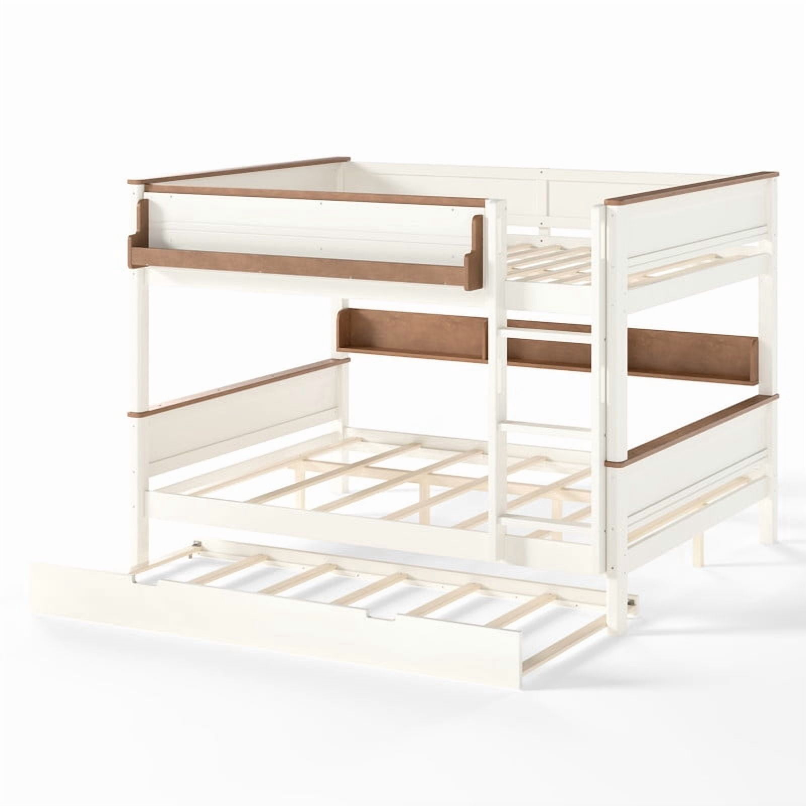 Queen-Over-Queen Wooden Bunk Bed Frame with Trundle, Detachable Bed Convertible Into 2 Platform Beds, Kids Storage Bed with Shelf