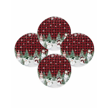 Christmas Round Placemats Set of 4 Snowman Xmas Tree Place Mats Washable Woven Placemat Snowflake Red Buffalo Plaid Circle Braided Table Mat for Kitchen Dining Table Party Home Decor 15 Inch