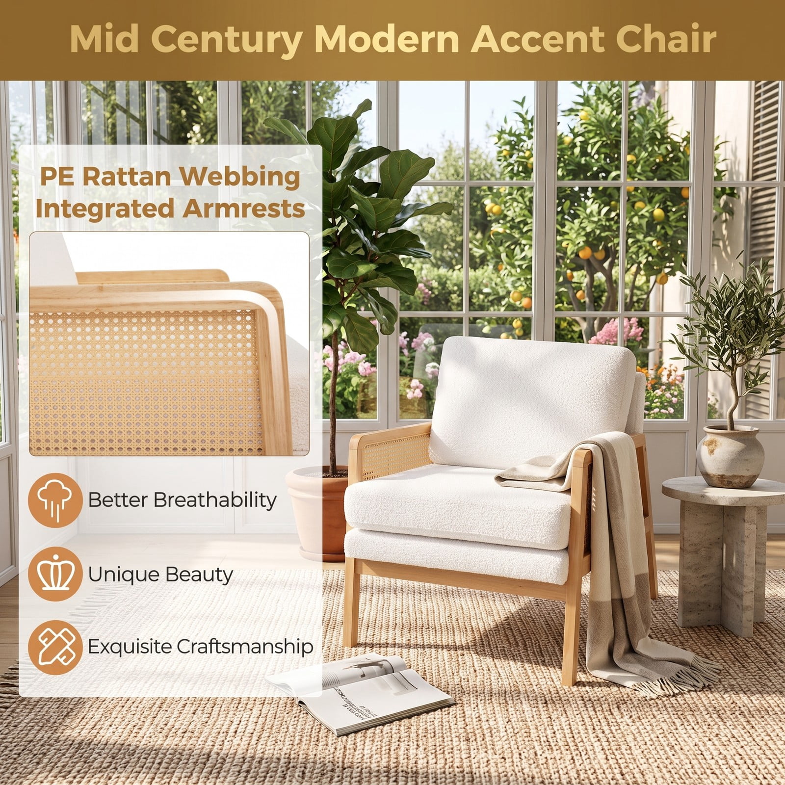 Furnibear Mid Century Modern Accent Chair with PE Rattan Arms, Sherpa Fabric Upholstered Armchair with Removable Cushion and Backrest Pillow for, Natural Brown & Beige