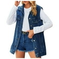 thumbnail image 2 of Woman Denim Vest Fashion Medium Long Coat Turn Down Collar Coat Sleeveless Denim Jacket plus Jean Jacket for Women Denim Boyfriend Jacket Jean Jackets for Women Fashion Long Button down Beaded Jean, 2 of 6
