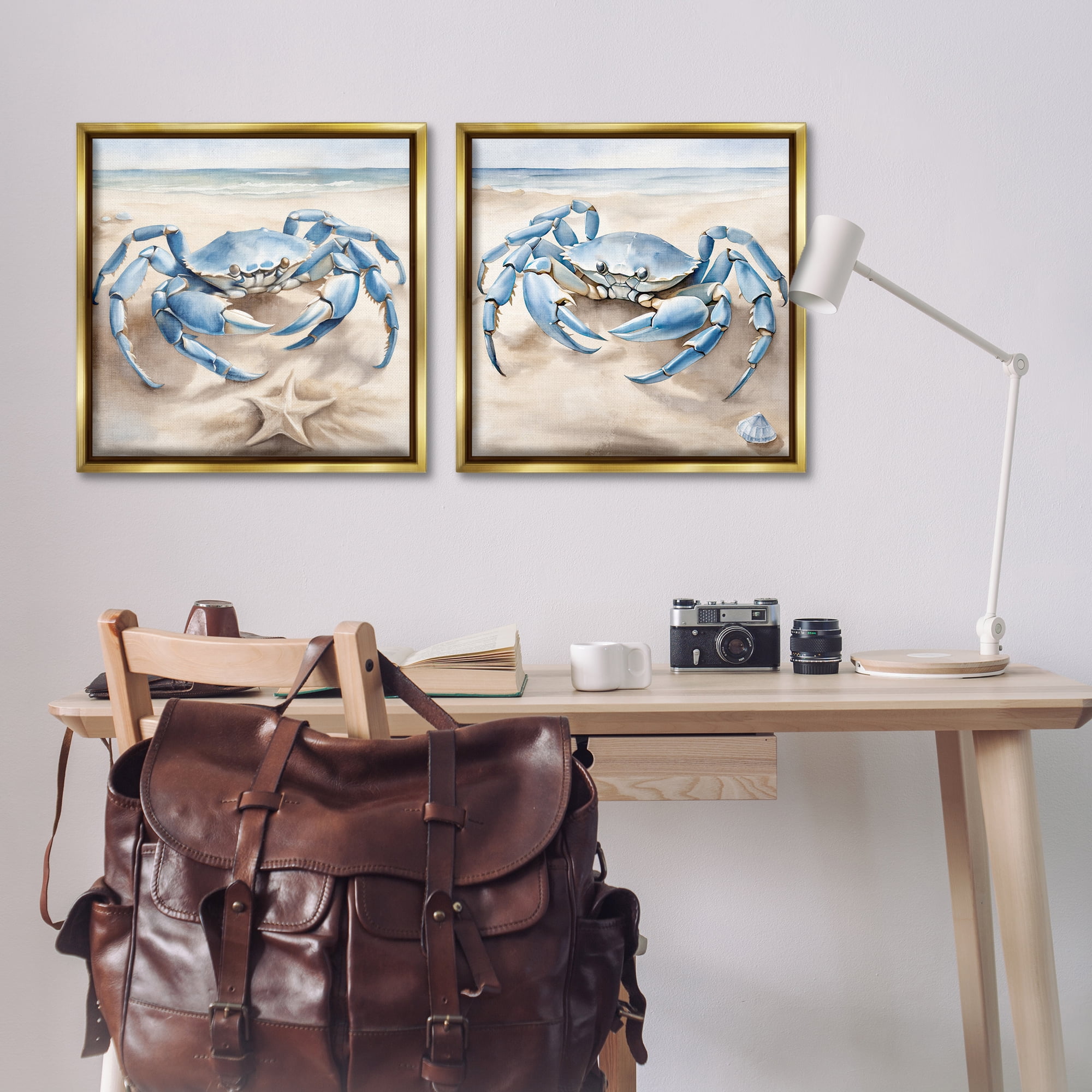 Stupell Industries Nautical Blue Crabs Beach Animals Painting Gold Floater Framed Canvas Art Print Wall Art, 25 x 25, Set of 2