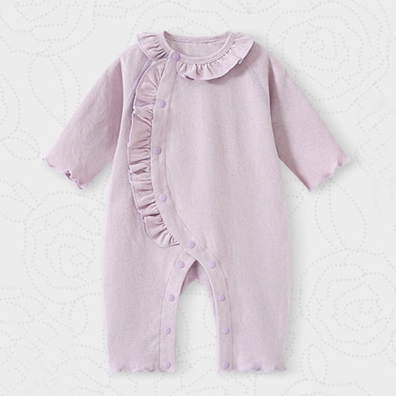 Eygvbb Romper Girls Jumpsuit Ruffle Coverall Girls Romper Long Sleeve Crew Neck Cotton Solid Color Toddler Play Sleep Outfit for 0-2 Years Old Infant Daily Wear
