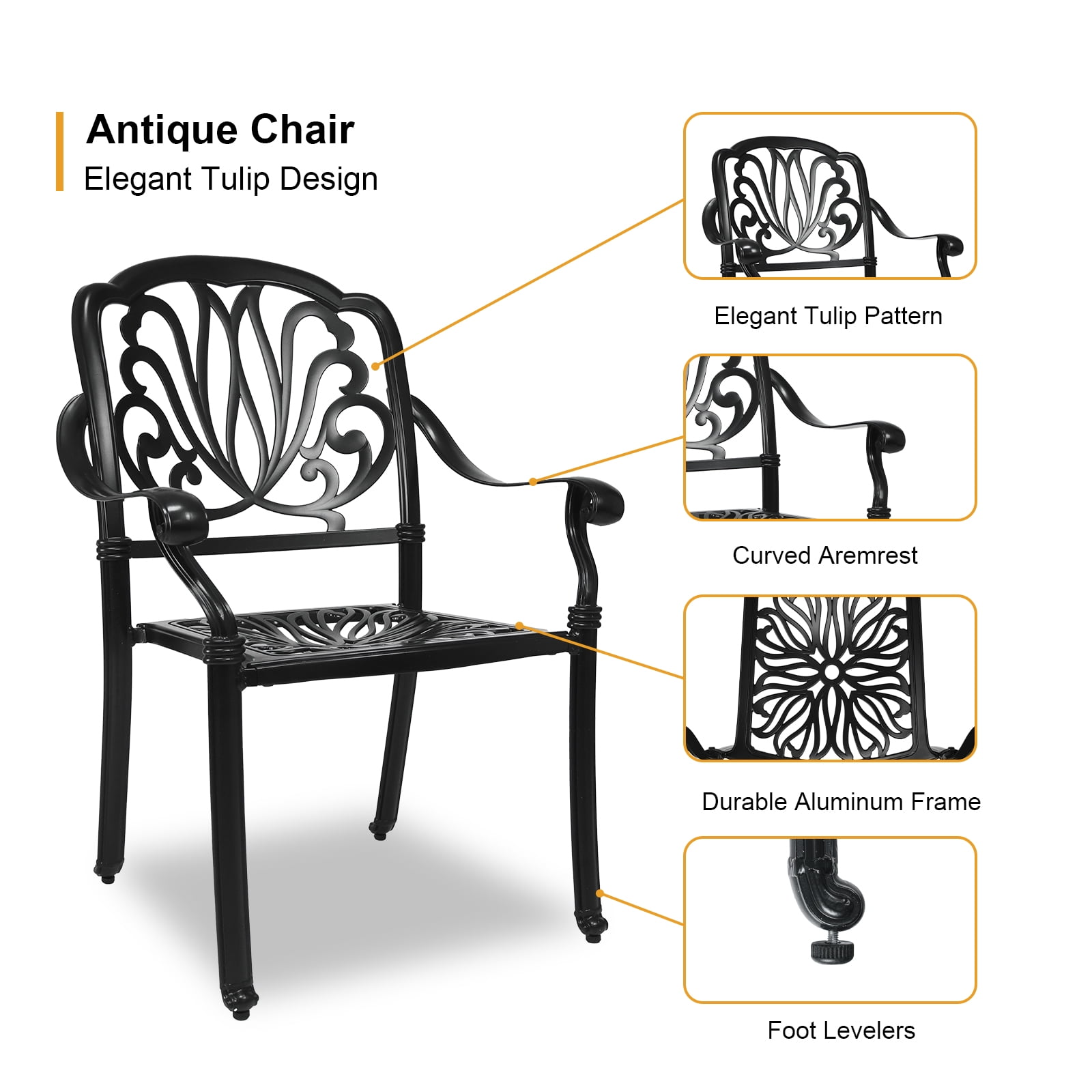 PATIO-IN 2 Piece Cast Aluminum Patio Dining Chairs, Stackable Outdoor Dining Chairs with Armrests, Outdoor Bistro Chairs for Balcony, Backyard, Garden, Black