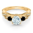 thumbnail image 2 of Gem Stone King 18K Yellow Gold Plated Silver Sky Blue Aquamarine Black Diamond and White Moissanite Engagement Ring for Women (1.22 Cttw, Gemstone March Birthstone, Round 6MM and 3MM, Size 8), 2 of 4