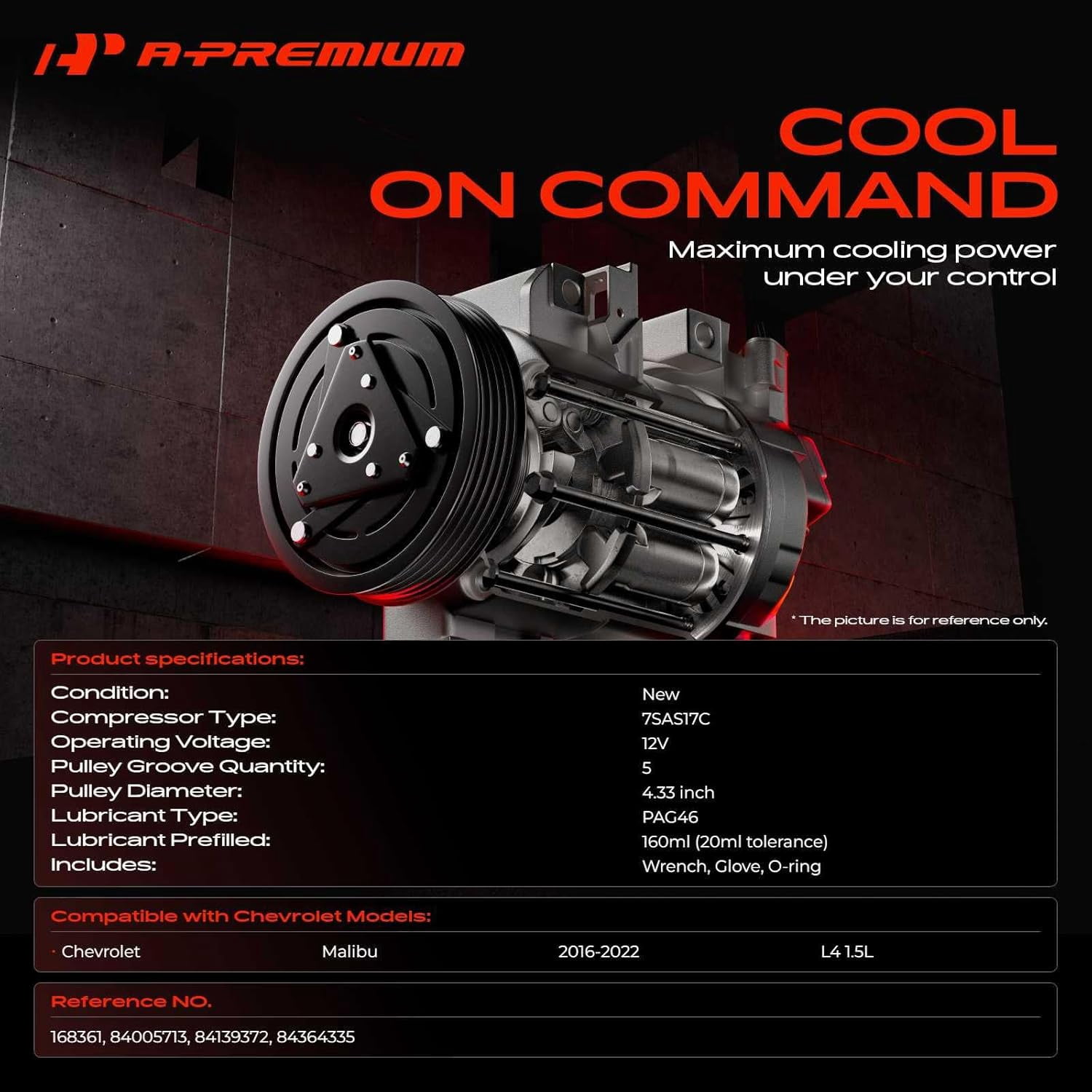 A-Premium AC Compressor with Clutch Compatible with Chevrolet Malibu 2016-2020 Sedan L4 1.5L