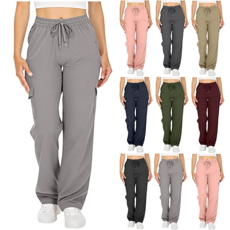 YHAJDS Women s Winter Trousers Sweatpants Women Leisure Sports Pant Solid Color Elastic Waist Drawstring Pocket Cargo Style Casual Full Length Pants