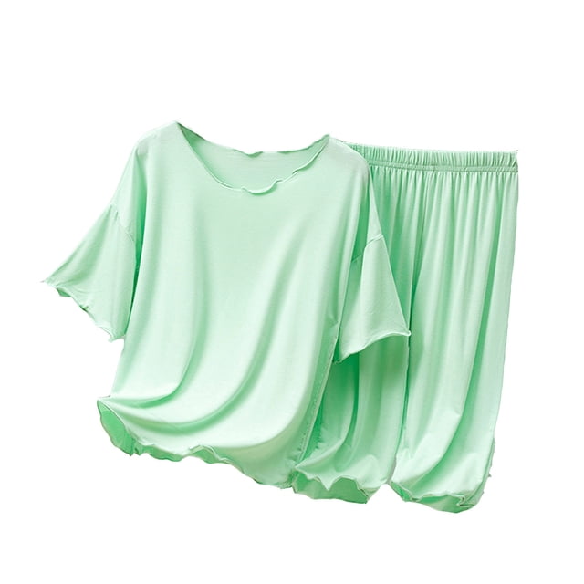 MEZZALL Ensemble d'Été pour Enfant à Manches Courtes avec Pantalon, Ample, Garçons Filles, Pyjama Fin Uni, Col Rond, Tenue d'Intérieur pour Enfants, Classique, Tenue de Détente pour Tout-Petit, Vert, 11-12 Ans