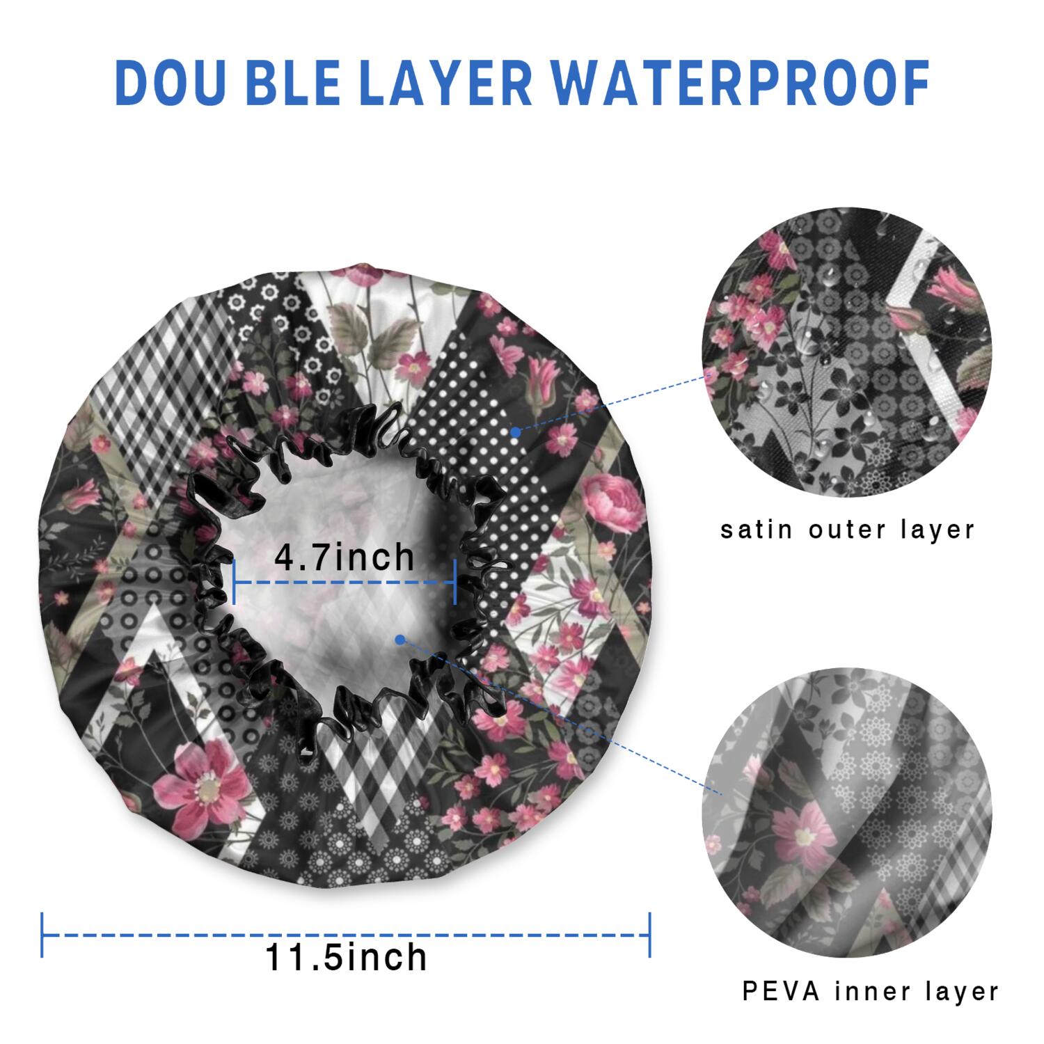 Shower Caps,Pioneer Flower Floral Print Pattern Waterproof Shower Cap for Women 4 Pieces,Double Reusable Hair Cover for Shower PEVA Elastic Stretch Hem