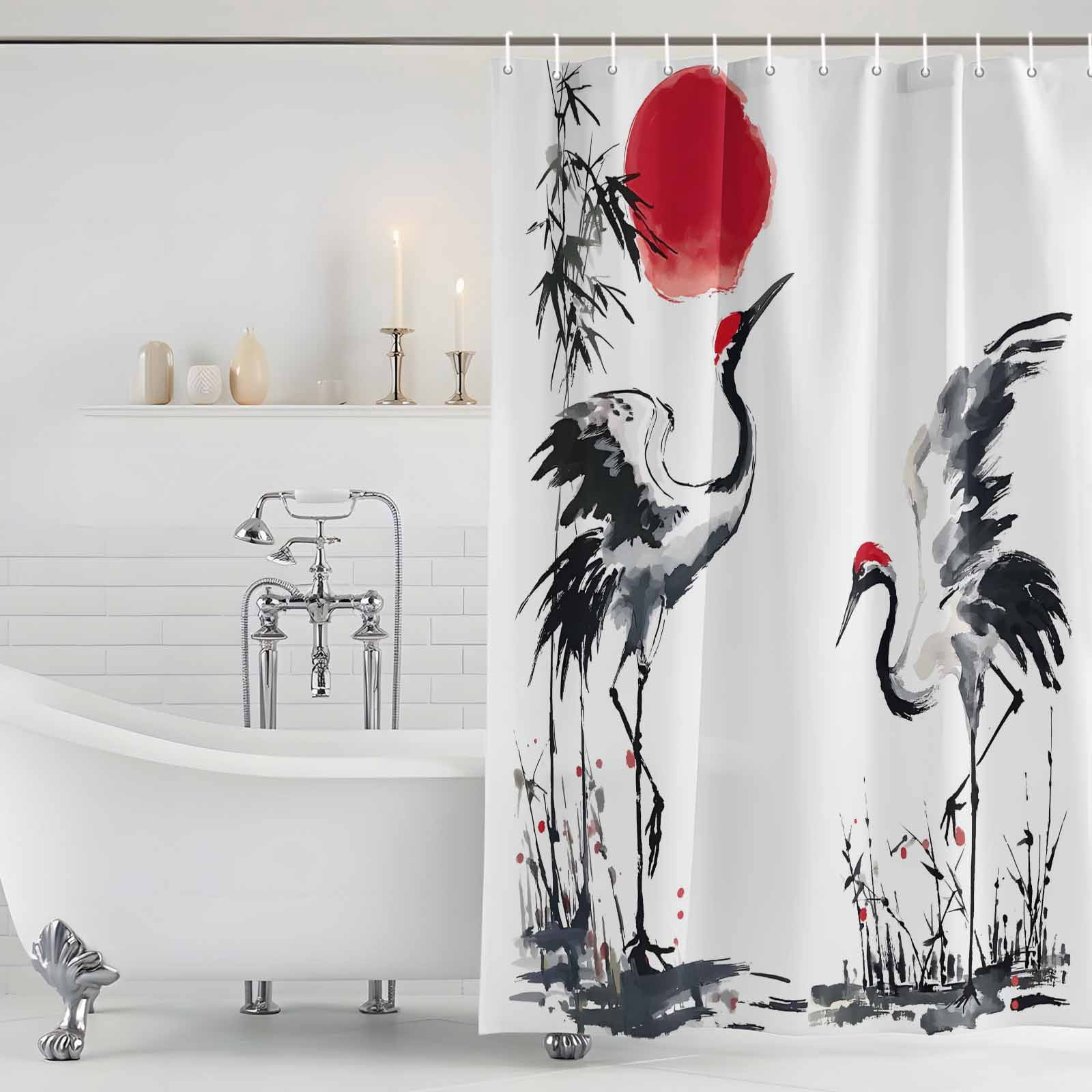 Small Stall Shower Curtain 36x72 Inch Narrow Half Size Crane Bath Curtains Bathroom Decor, Black White Ink Wash Red Moon Botanical Waterproof Fabric Shower Curtain Set with Hooks 36 Inch
