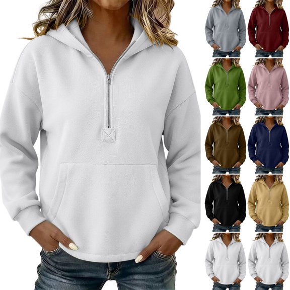 YanHoo Hoodies for Women Quarter Zip Pullover Tops Long Sleeve Hooded Sweatshirt Casual Loose Top Fall Fashion Outfits