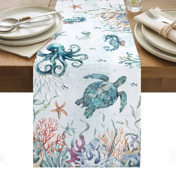 Teal Turtle Coastal Table Runner - 120 Inch Long, Kitchen Dining Table Runner Dresser Scarves, Octopus Coral Summer Beach Starfish Farmhouse Decor for Coffee Tables Wedding Party Banquet