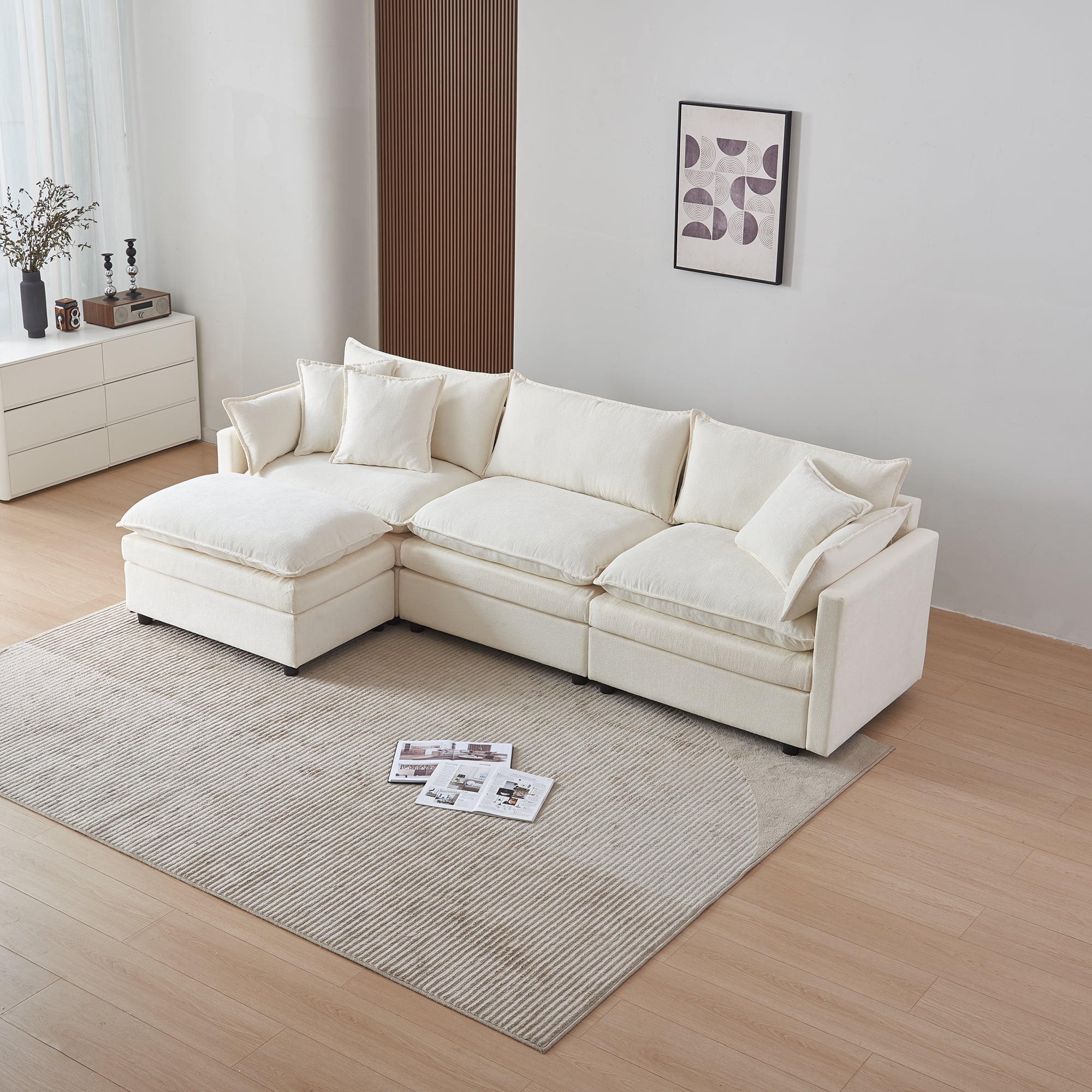 MAYEERTY Modular L-Shaped Sectional Sofa with Ottoman, Chenille Fabric Sofa Couch, Comfy Upholstered Furniture for Living Room，Begie