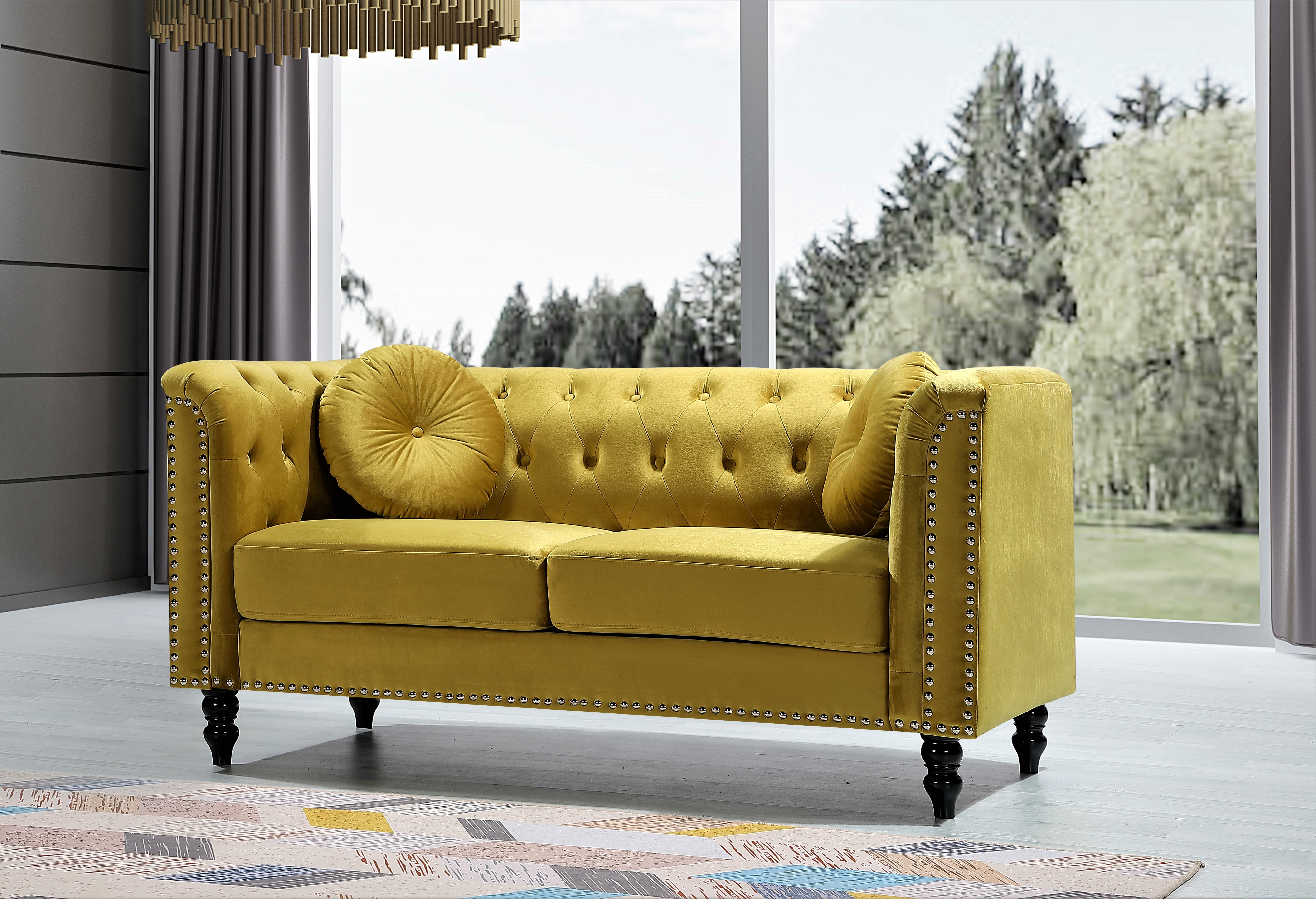 Uspridefurniture Lueck 64.2'' Velvet Rolled Arm Chesterfield Loveseat, Yellow