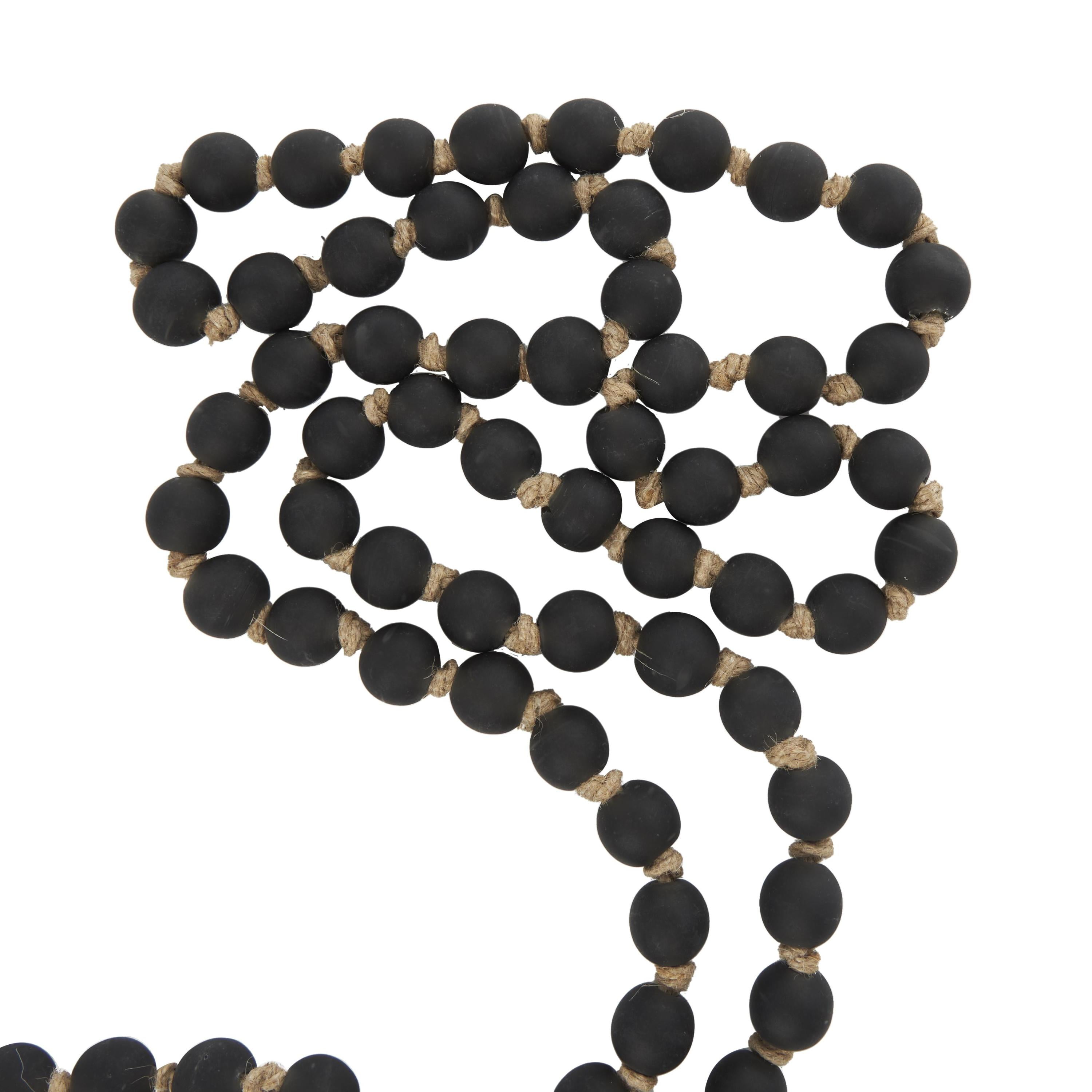 DecMode Handmade Round Long Frosted Black Glass Garland with Tassel with Knotted Brown Jute