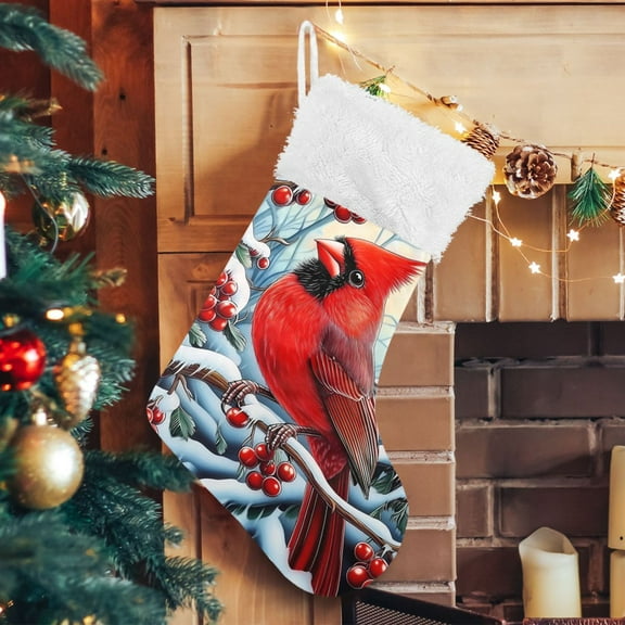 Ryvnso Christmas Stockings Cardinal Snow Fir Berry 17.7" Large Stocking Decoration 1 Pack
