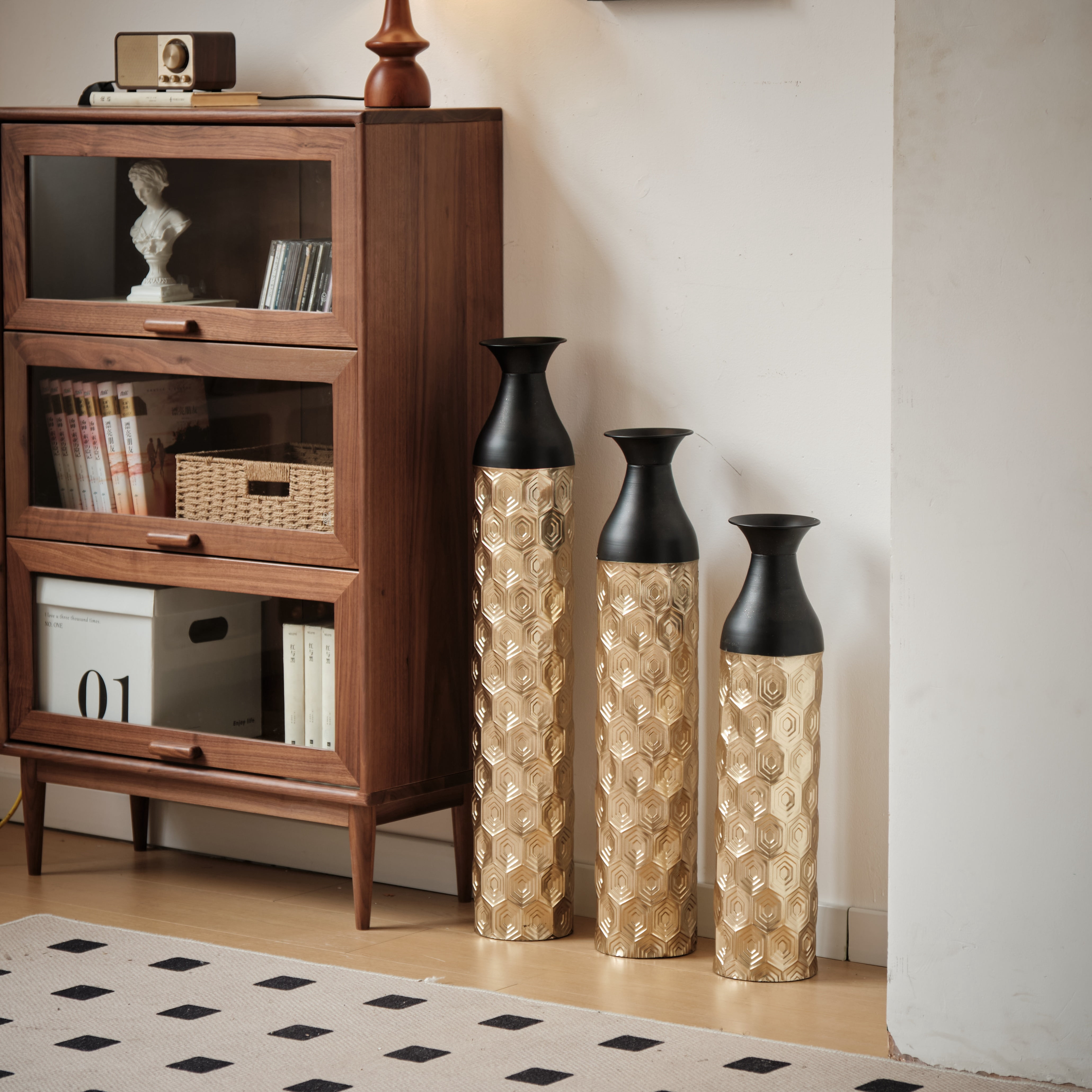 Aukfa Metal Decorative Tall Floor Vase,Set of 3 Large glazed Vases,24.8"/ 29"/33.8" H,Gold
