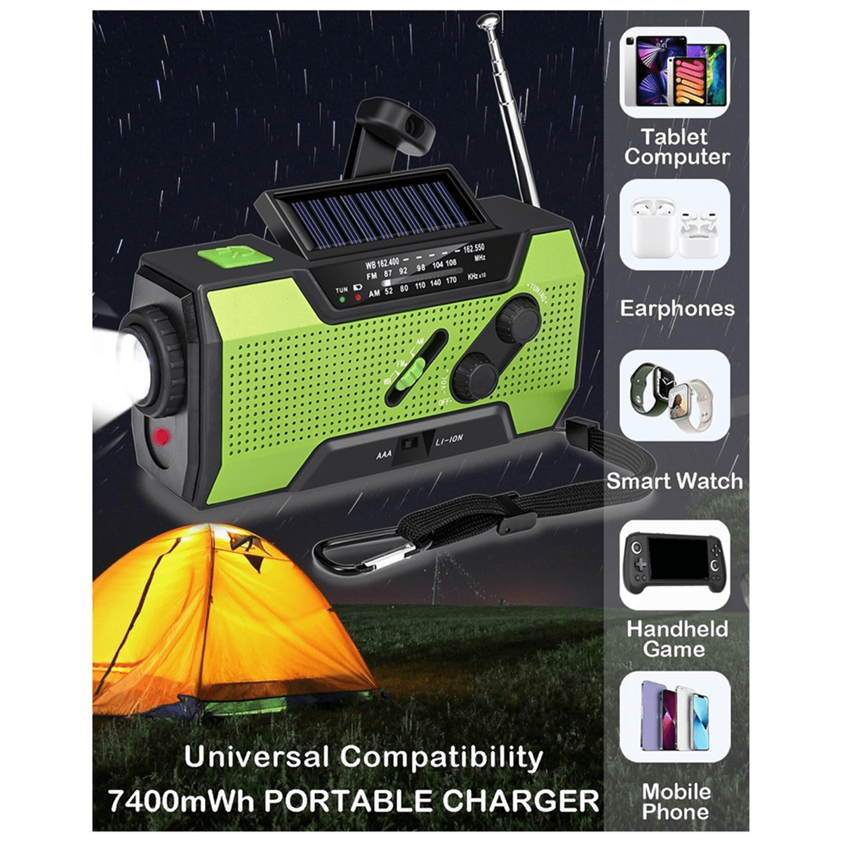 Emergency Weather Radio Hand Crank Portable Solar Charging with AM/FM/ LED Flashlight SOS Alert 2000mah