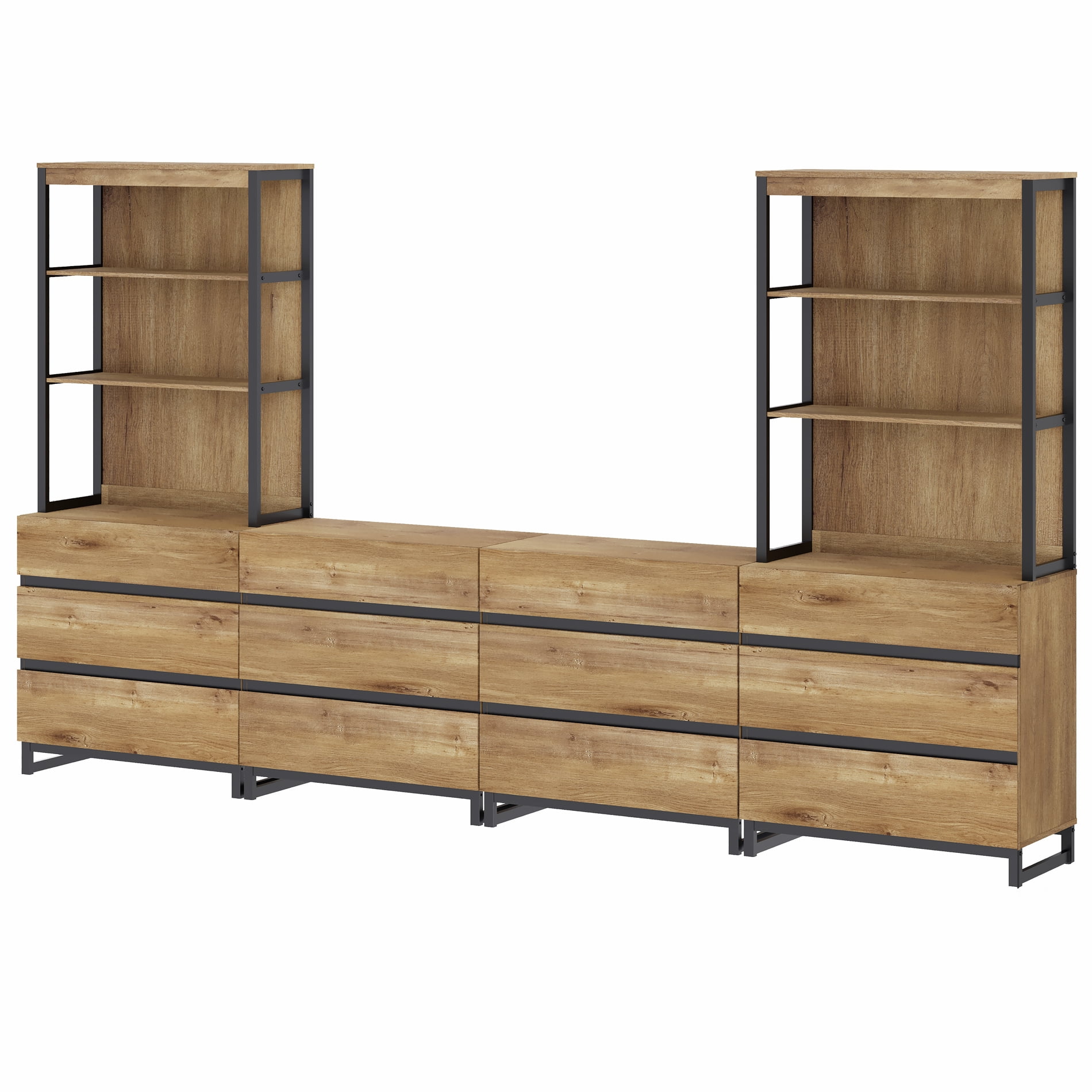Modern 72" Tall 3 Tier Bookshelf, Bookcase with 12 Drawers & Black Metal Legs, Large Display Library Wood Bookcase Organizers for Home Office, Living Room (Oak)