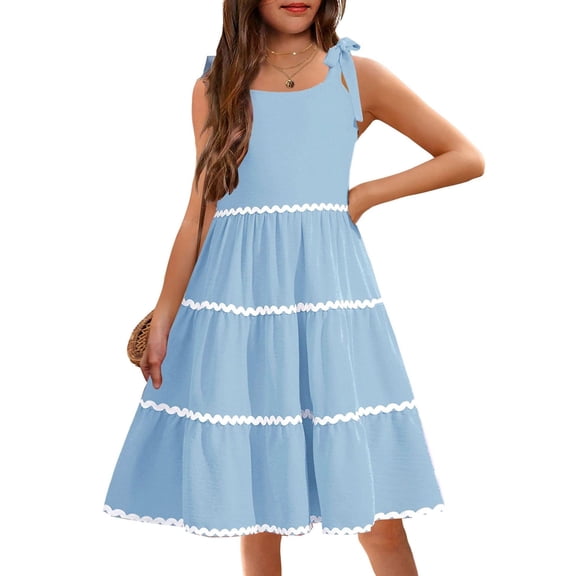 Arshiner Girls Summer Sleeveless Bow-Tie Straps Sundress Flowy Smocked Tiered Lace Swing Midi Dress with Pockets