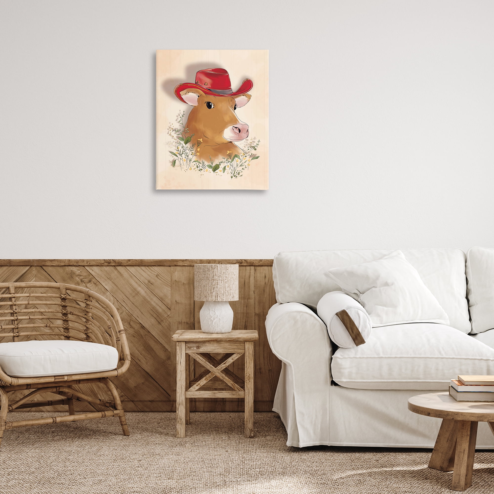 Stupell Industries Cow with Red Cowboy Hat Animals Painting Wrapped Canvas Art Print Wall Art, 24 x 30